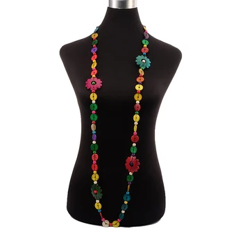 

Ethnic Wholesale Long Beads Flower Coconut Shell Handmade Necklace Colorful Wooden Round Strand Knitted Bohemian Jewelry Women