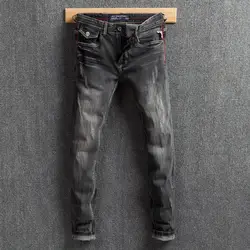 Модные Классические мужские джинсы черного и серого цвета Slim Fit Distressed denim брюки рваные джинсы мужские брендовые дизайнерские винтажные