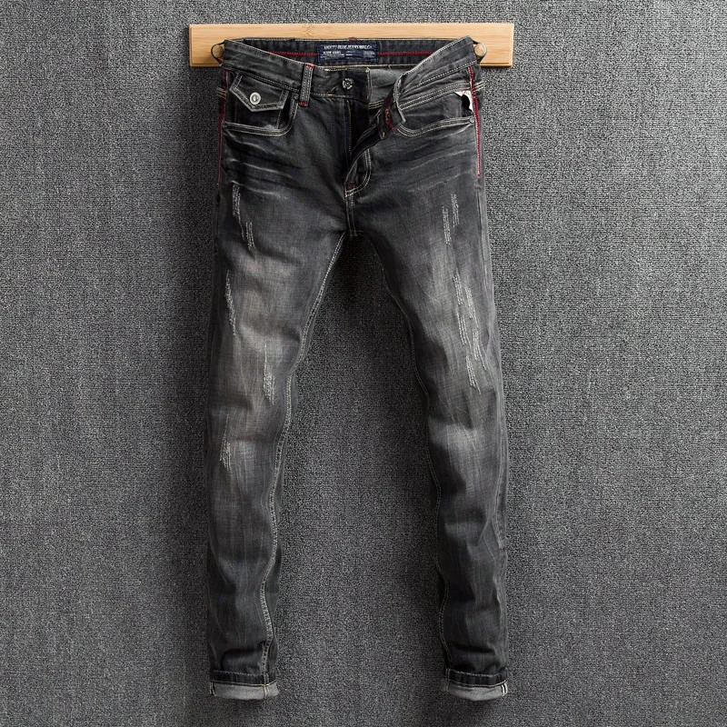 

Fashion Classical Men Jeans Black Gray Color Slim Fit Distressed Denim Pants Ripped Jeans Men Brand Designer Vintage Jeans Homme