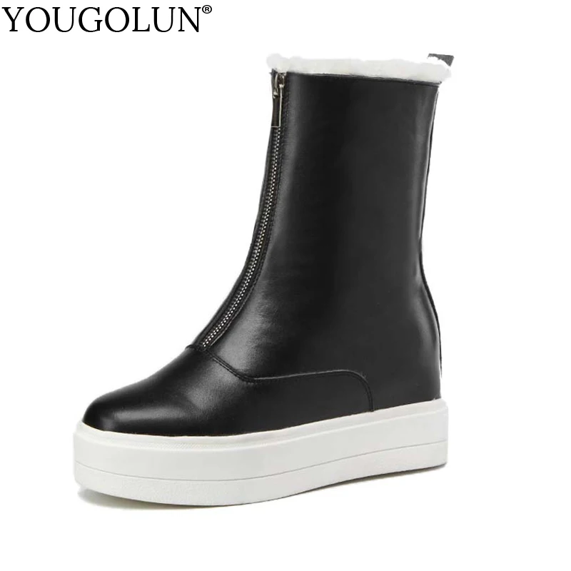 

YOUGOLUN Winter Women Mid-Calf Boots Genuine Cow Leather Black Red Beige Platfrom Flat Shoes 30% Warm Wool Round toe Boot #Y-257