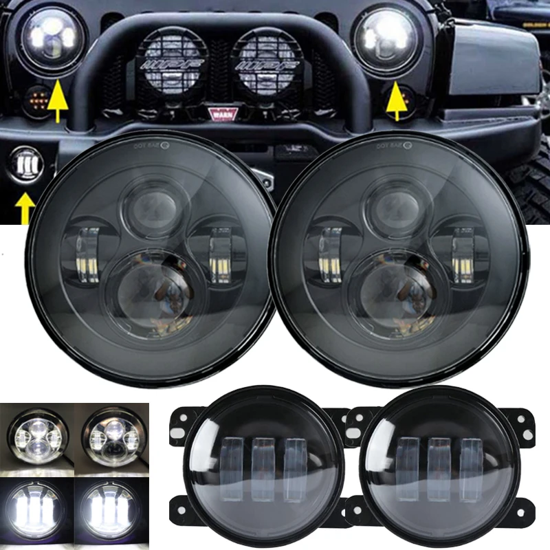 

For hummer H1 H2 7inch Round LED Headlight H4 High Low Beam + 4 inch Fog Lights For Jeep Wrangler JK 2007-2015 For Land Rover