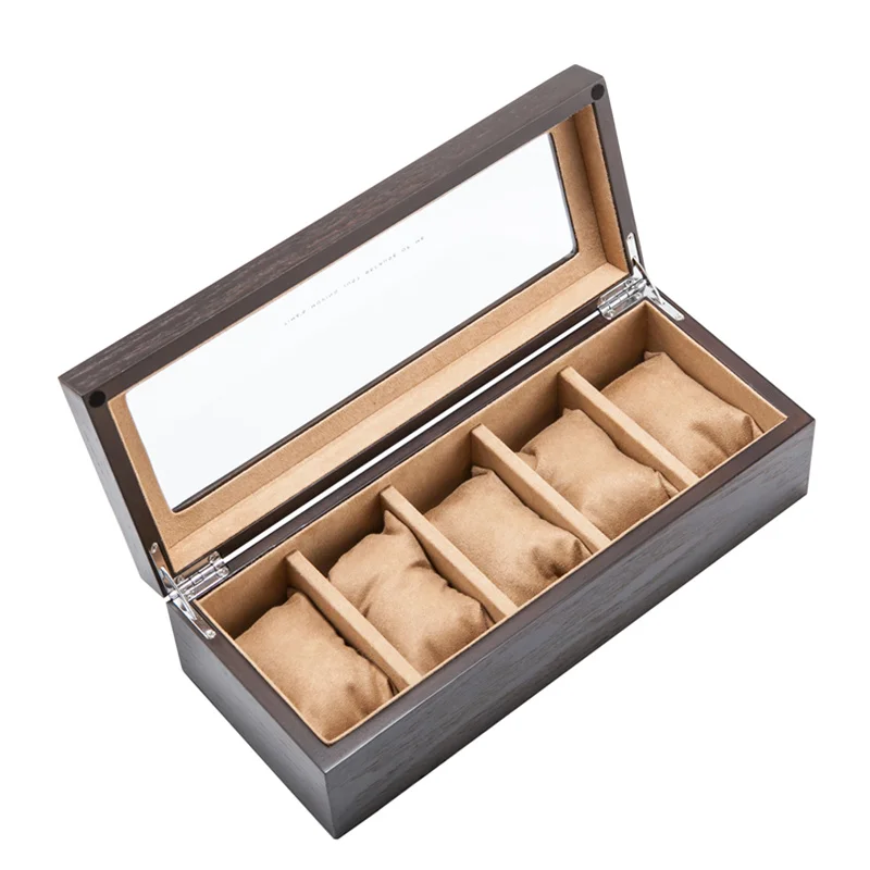 5 Slots Wood Watch Organizer With Glass Window Brown Watch Holder For Men Case Storage Box Fashion Showcase
