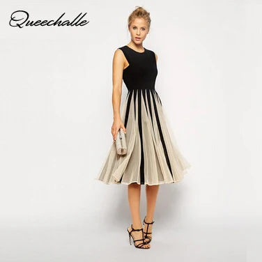 2018 Summer Dress Womens Fashion Mesh Patchwork Mid