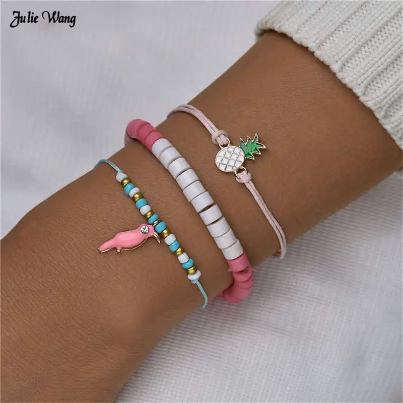 

Julie Wang 3pcs/set Ethnic Rope Bracelet For Women Adjustable Beads Parrot Pineapple Hand-knitted Lucky Bracelets Girl Gifts