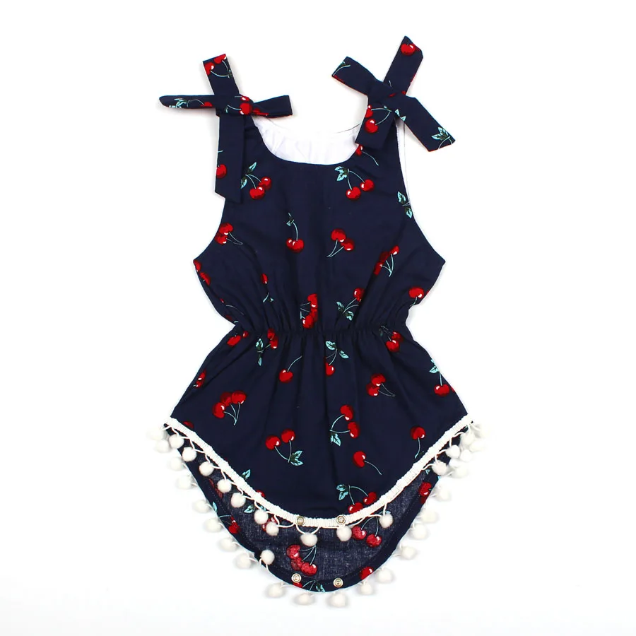 2018 Summer Children Clothing Newborn Cherry Romper Clothes Set Baby Girl Ruffled Sleeve Bodysuit Jumpsuit + Headband 2pcs  (5)