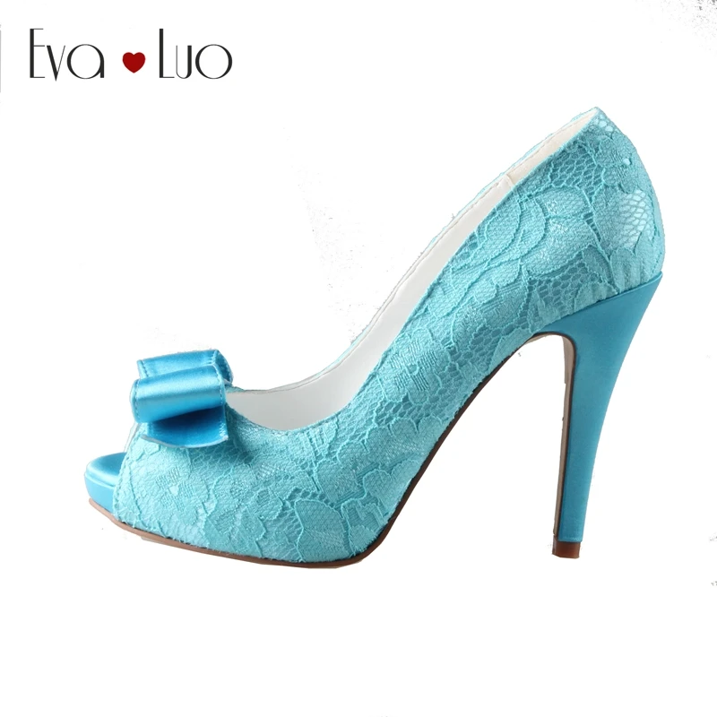 

CHS333 DHL Express Custom Handmade Peep Toe Bow Blue Turquoise Lace Bridal Wedding Shoes High Heel Women Shoes Dress Pumps