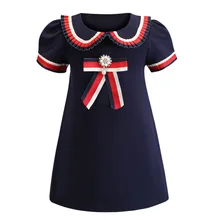 Bongawan/платья для девочек; хлопковая трапециевидная летняя Модная Детская короткая одежда; синий цвет; с круглым вырезом; для детей 4-10 лет; для дня рождения