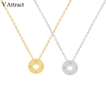 

V Attract 10 pcs Vintage Jewelry Stainless Steel Minimalism Compass Necklace Women 2018 Rose Gold Hip Hop Chain Round Chocker