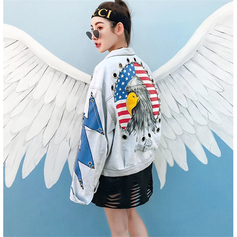 Mélangées La Taille Plus Aigle Nouveau Impression Lâche Lx106 Light Rue Veste Femmes Blue Chaîne Femme Printemps Manteaux Jeans 2018 Denim Couleurs nO7BYY