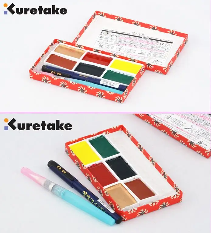 Kuretake Little Red Gift Set-6 Watercolor Palette + Fine Brush Pen + Water Brush Pen