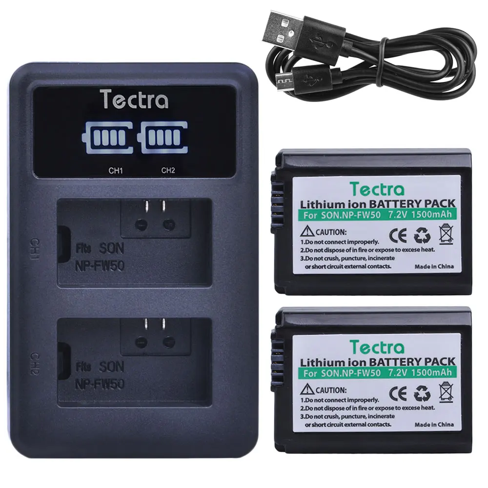 Tectra 2 шт. NP-FW50 NPFW50 батарея+ светодиодный дисплей USB двойное зарядное устройство для sony Alpha a5000 a6000 Alpha 7 a7II Alpha 7R NP FW50 батарея