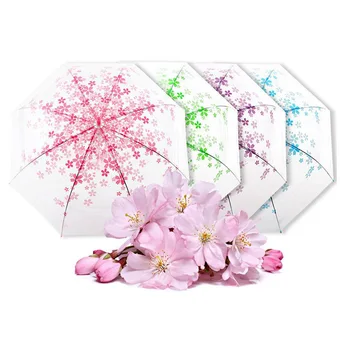 

8 Bone Transparent Umbrella For Women's Cute Clear Cherry Blossom Long Handle Umbrella Female Fresh Waterproof Rain Umbrellas
