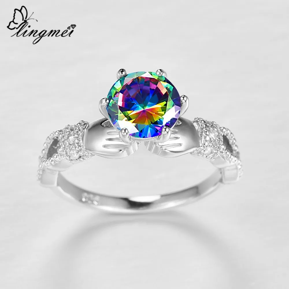 Lingmei Прямая поставка Claddagh модное круглое кольцо цвета радуги синего и белого