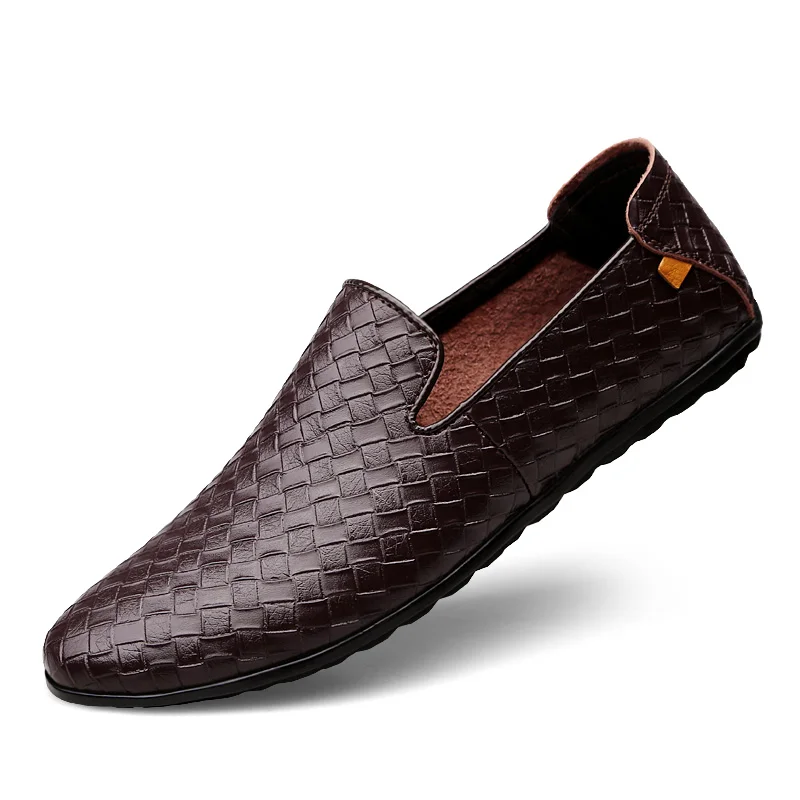 Летний Стиль мужские лоферы Модные слипоны плетеная текстура мужская кожаная обувь дышащие ботинки с круглыми носками мужская обувь на плоской подошве