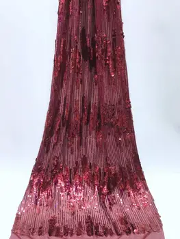 

2019 High Quality African Lace Fabric Wine Red Gold French Lace Fabric Tulle Sequins Nigerian Lace Fabric For Wedding Dress