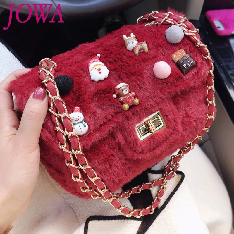 

2019 New Design Women Fashion Flap All-match Cute Cartoon Badge Small Red Shoulder Bag Warm Plush Cover Crossbody Clutch 2 Color