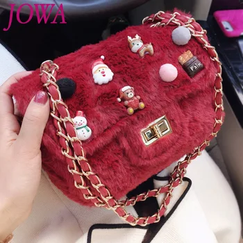 

2019 New Design Women Fashion Flap All-match Cute Cartoon Badge Small Red Shoulder Bag Warm Plush Cover Crossbody Clutch 2 Color
