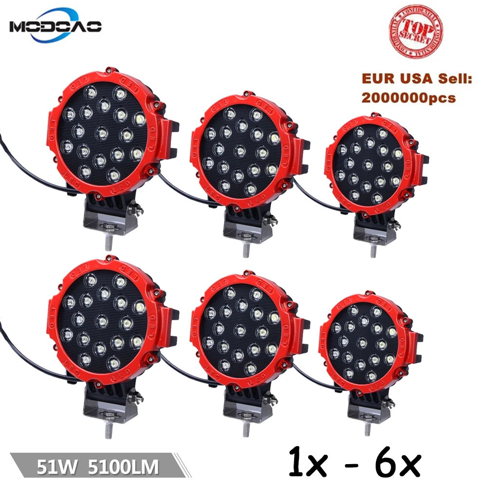 

51W 7"inch Red Round Led Light 6000K IP67 Spot/Flood Driving Work Light for Jeep SUV ATV Boat 4x4 Offroad Truck Tractor Led Lamp