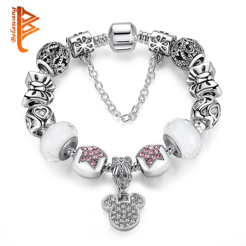 Authentic Silver Plated Crystal Mickey Star 925 Charms Bracelet Murano Glass Beads Bracelet For Women Girls Fashion DIY Jewelry