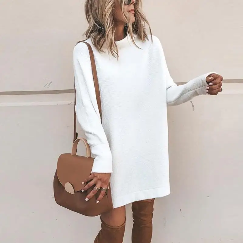 

LOGAMI Half Turtleneck Long Sleeve Solid Sweater Dress Women Casual Long Pullover Fashion New