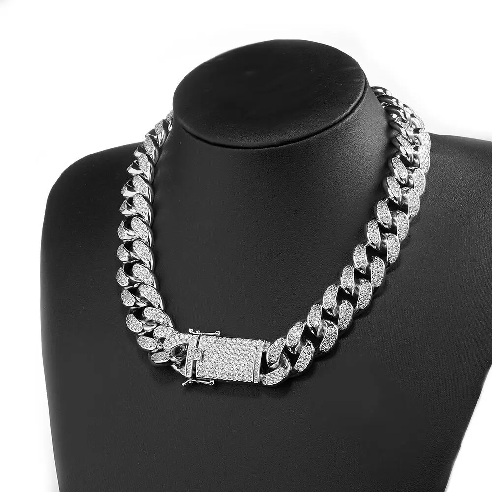 

16-30" 18mm Silver Plated Stainless Steel with Rhinestones Cuban Chains Necklaces Men Hip Hop Bling Iced Out CZ Necklace jewelry