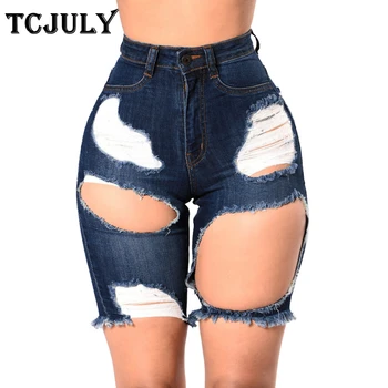 

TCJULY Streetwear Broken Casual Jeans Shorts Washed Ripped Torn Denim Shorts Skinny Push Up Stretch Knee Length Blue Jeans Woman