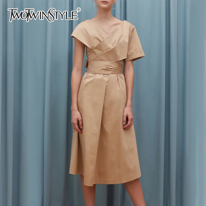 

TWOTWINSTYLE Tunic Long Dress Female V Neck Short Sleeve Irregular Belt High Waist Bow Ruched Dresses Women Summer Elegant New
