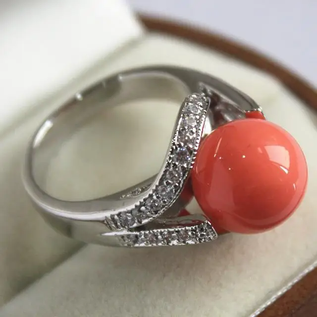 

fancy lady's silver plated with crystal decorated &12mm salmon pink shell pearl ring(#7.8.9)