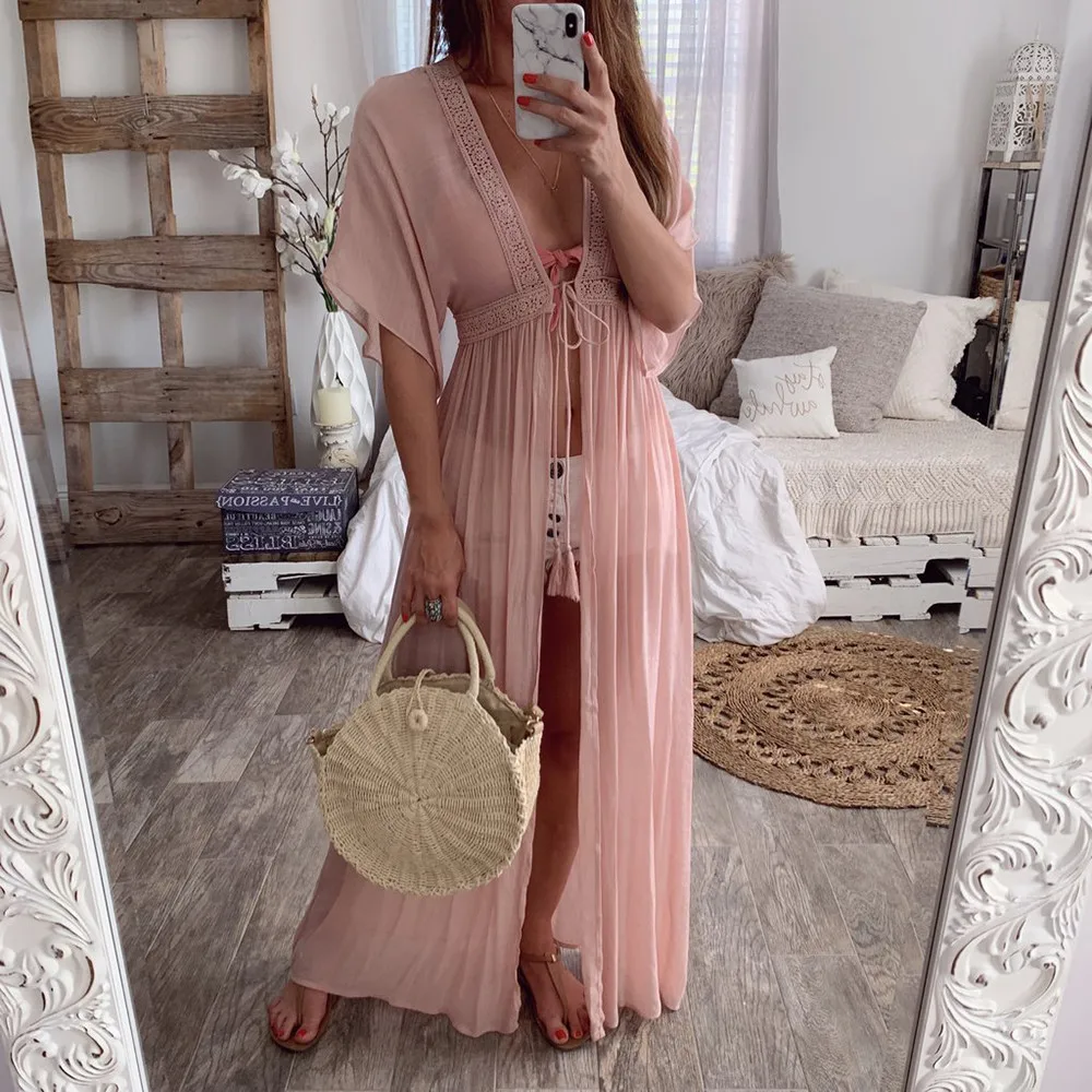 

Women Fashion Sexy V-neck Lace Up Bikini Cover- New Batwing Bohemia Solid Color Slim Fit Sunscreen Beach Long Cardigan Covers