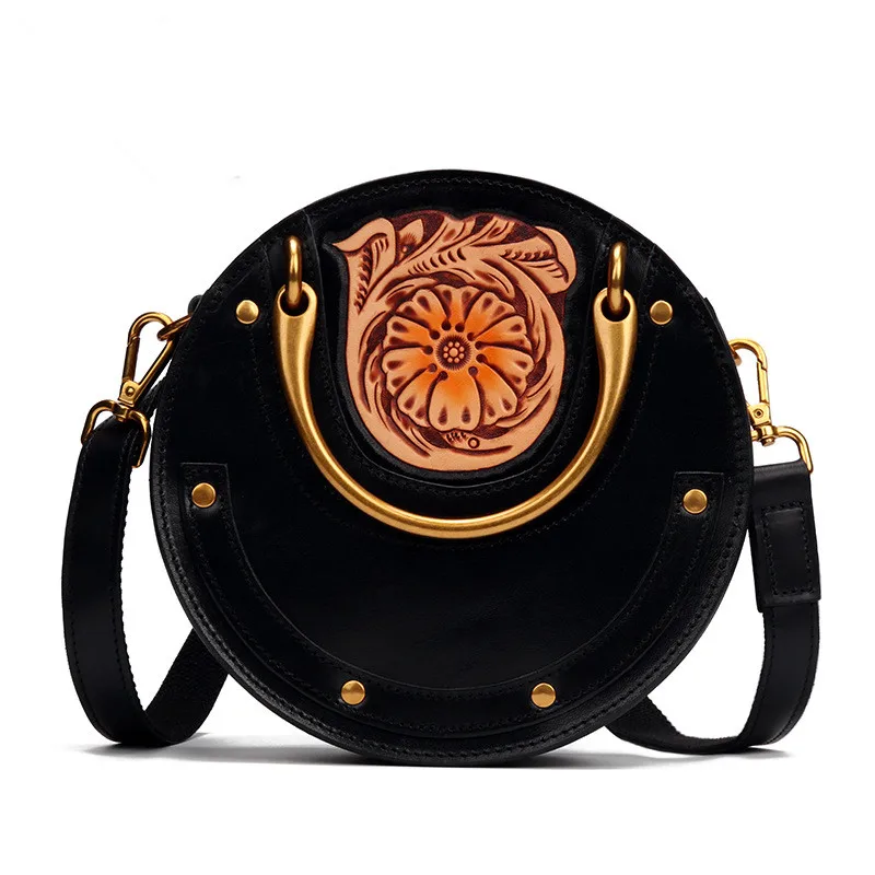 

Women Lady Genuine Leather Handbags Hand-made Carving Flowers Handbag First Layer Cowhide Circular Party Original Bag