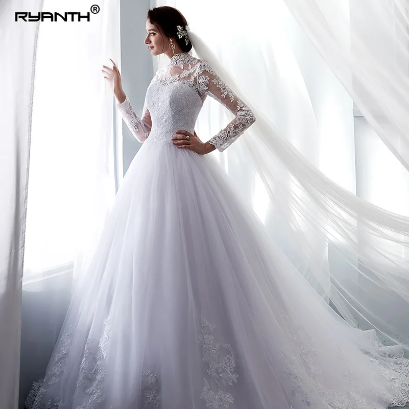 Ryanth Vestido De Noiva свадебное платье с высоким воротником и длинным рукавом кружевное бальное платье винтажное свадебное платье невесты Robe De Mariage