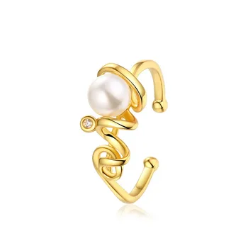 

Coating Yellow Gold Pearl Ring Individuality Letter Sterling Silver Ring Girl Ring Opening Ring Trendy Handwear
