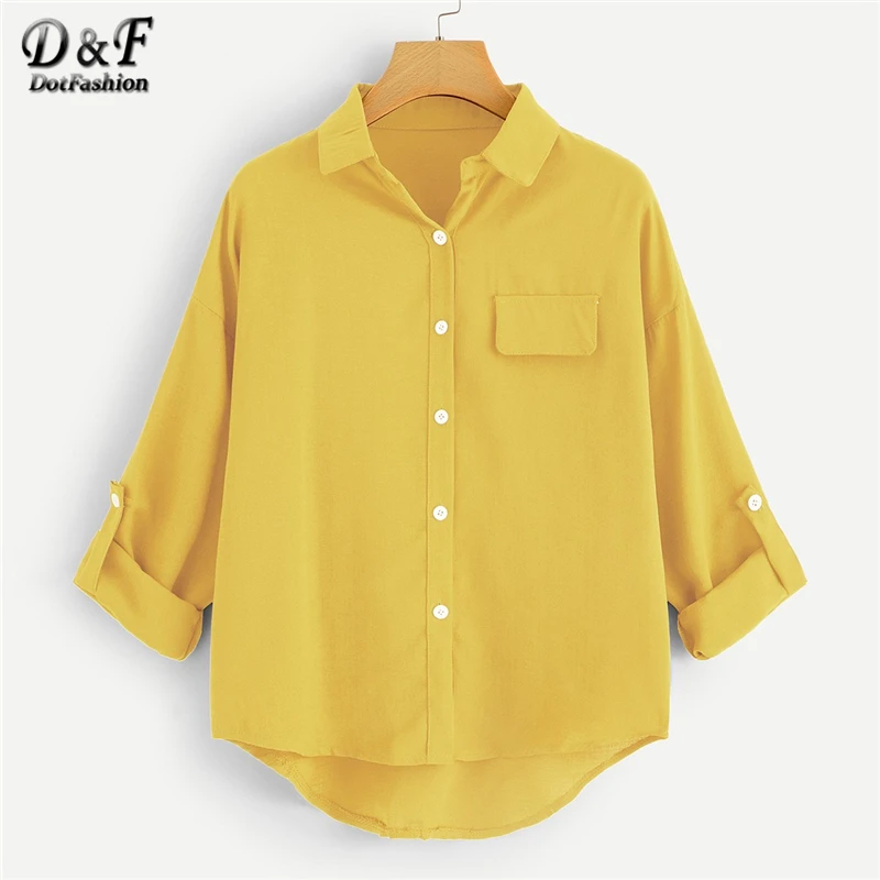 

Dotfashion Pocket Button Dip Hem Blouse Women Spring Casual Roll Up Sleeve Placket Shirt Woman Tops 2019 Fashion New Blouses