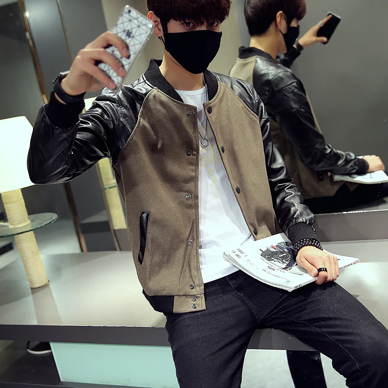 

2018 Men PU Leather Sleeve Jacket Black Khaki Stand Collar Slim Fit Baseball Jackets