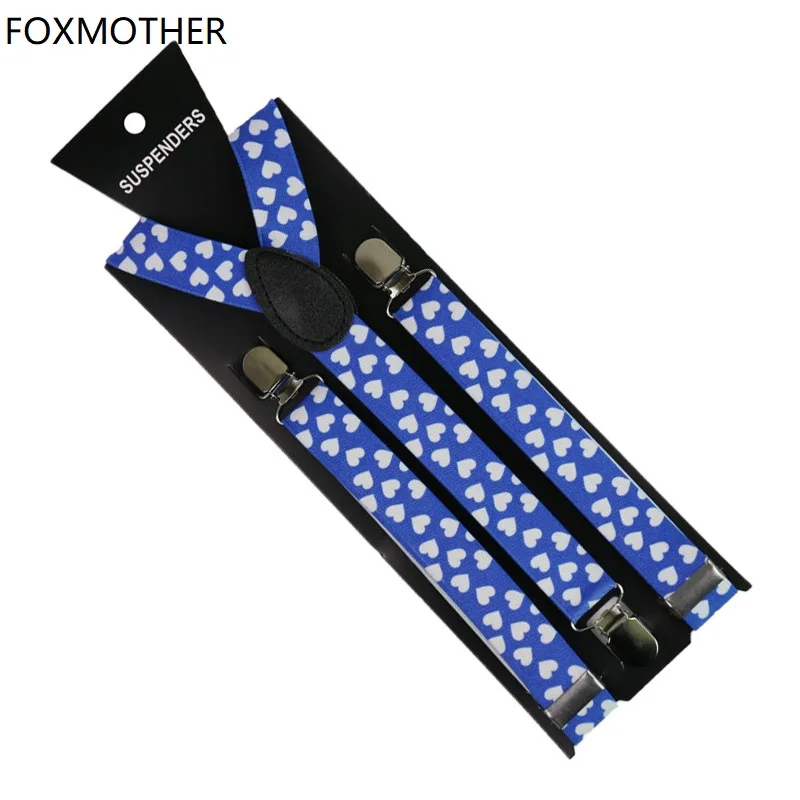 

FOXMOTHER New 1 inch Wide Blue Color Y Shape Clip On Elastic Heart Love Suspenders Braces Women Mens