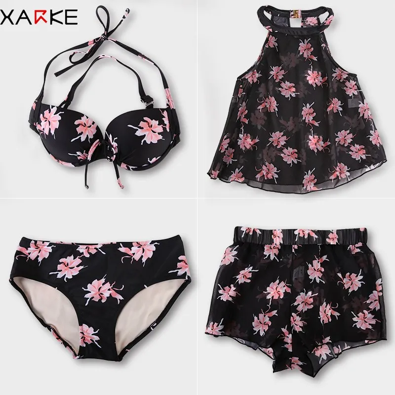 

XARKE 4 Pieces Brazilian Bikini 2018 Push Up Swimsuit Cover Up Female Swimming Suit Halter Sexy Print Swim Suits Lady Bather