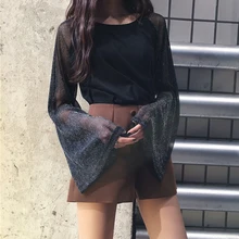 Women Mesh Bell Sleeve Spring Blouse Free Size Flare Long Sleeve Fashion Shirts Sweet High Street Sexy See Through Sleeve Tops bell sleeve rhinestoned scalloped blouse