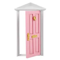 Миниатюрная кукла дома игры игрушки деревянная дверь с оборудованием-розовый