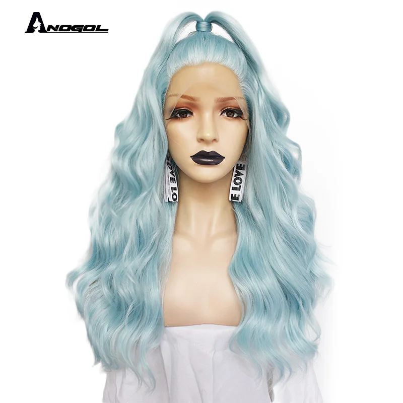 

Anogol 24" Mint Green Long Body Wave Synthetic Lace Front Wig Free Part High Temperature Fiber For White Women Brand New Hair