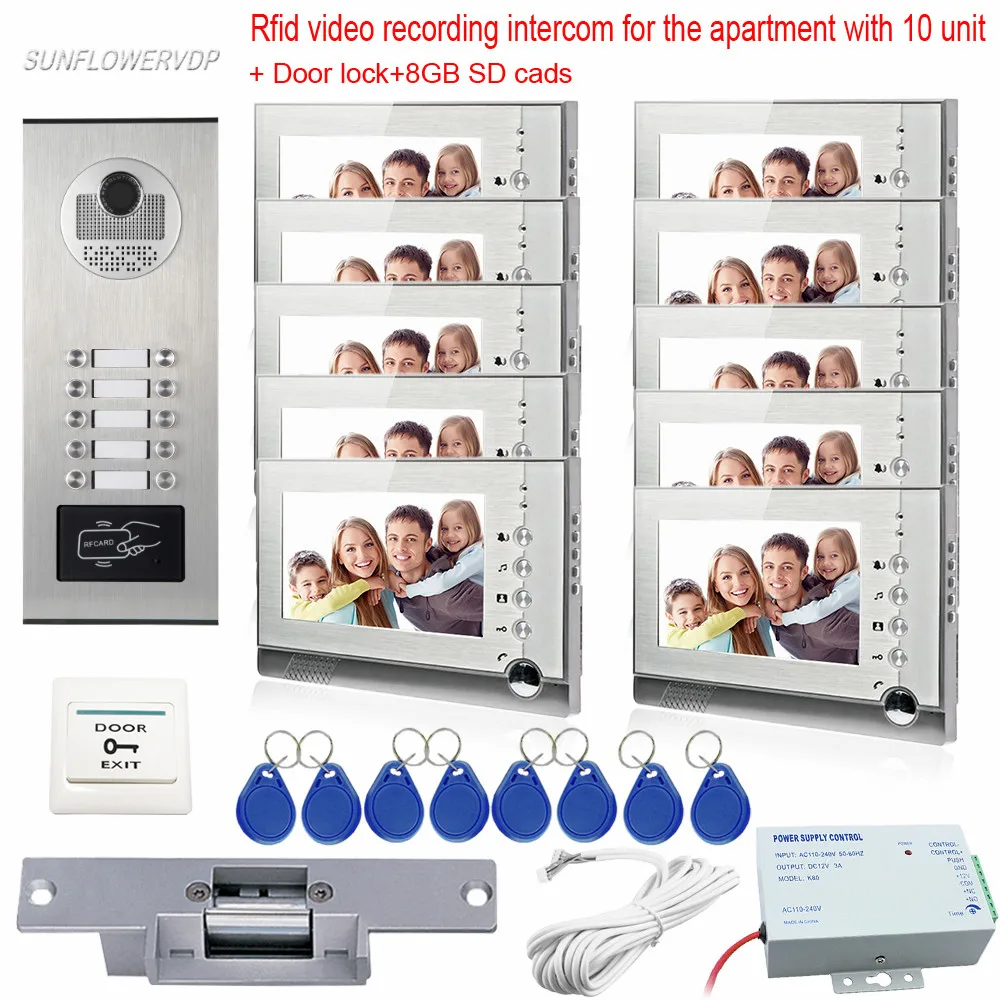 Rfid Home Intercom With Recording Video Door Phone Intercom 8GB SD Card 7\ Color Monitors With Electric Strike Lock 10 Units