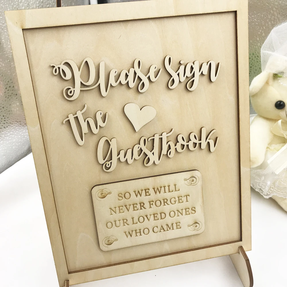 Wooden Wedding Please sign the Guest Book 3D Guest Book Wishing Wood Heart Pendant Drop Ornaments for Wedding Party Decoration2