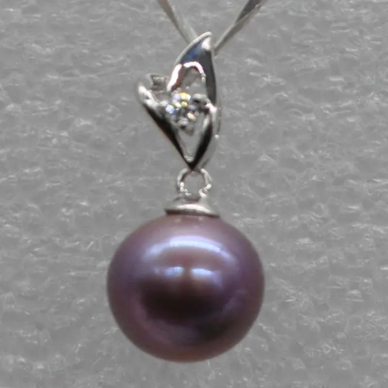 

Dark purple 10mm round real pearl necklace pendant V shape sterling silver hook