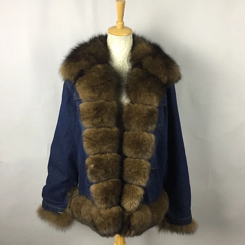 BFFUR 2018 New Arrival Real Fox Fur Coats Women Winter Denim Clothes Fur Collar Casual Jacket Lady Fur Parka Thick Warm Fur Coat Coats