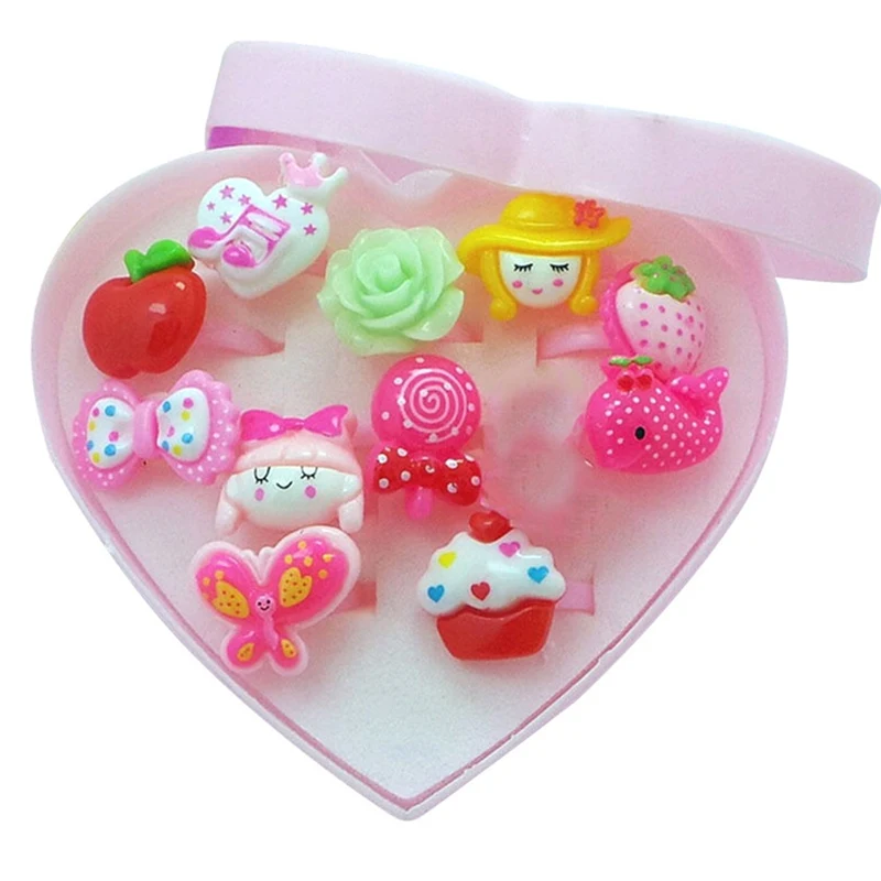 

12pcs/set Mix Animals Flower Baby Kids Girl Candy-Color Resin Cartoon Rings With Display Box For Christmas Gift