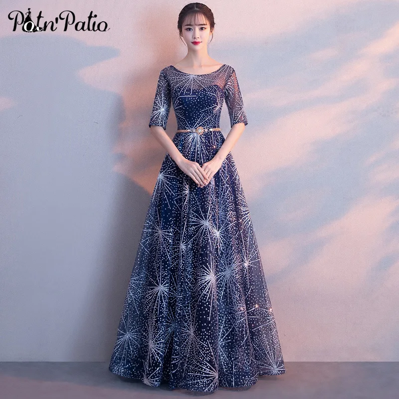 Shiny Glitters Ball Gown Evening Dresses Long 2018 Elegant O-neck With Half Sleeves Formal Evening Gown Plus Size Shiny Glitters Ball Gown Evening Dresses Long 2018 Elegant O-neck With Half Sleeves Formal Evening Gown Plus Size