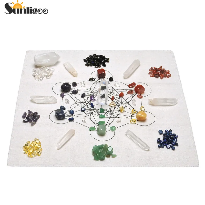 Koop Sunligoo Chakra Crystal Healing Grids Kit Grids Altaar Doek 7 Chakra Diverse Chips Balancing Stones Clear Quartz Getrommeld Stone