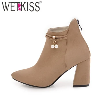 

Fashion Pearl Ankle Boots Back Zipper Winter Boots 2018 New Arrival Add Fur Women's High Heel Shoes Pointed Toe Female Shoes