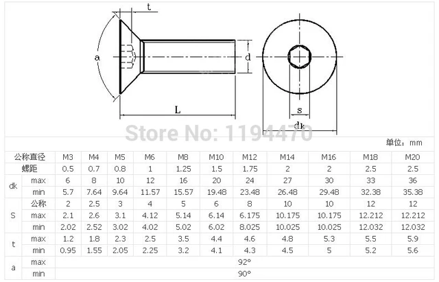 100pcs/Lot Metric M4 304 Stainless Steel A2 Flat Countersunk Head 