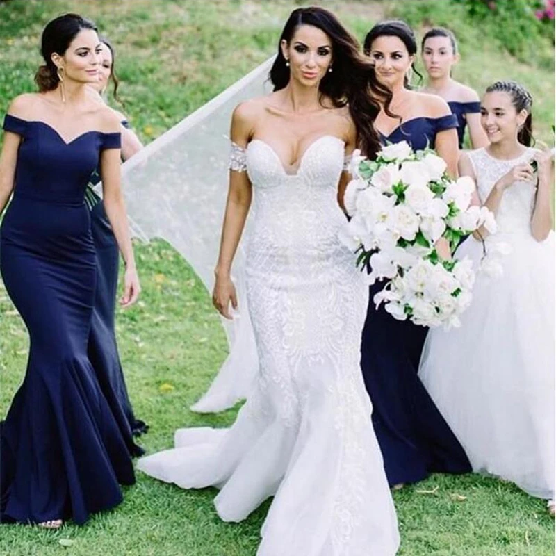 Темно-синее платье подружки невесты в стиле русалки с открытыми плечами атласный, по заказу длинные платья подружки невесты Свадебные