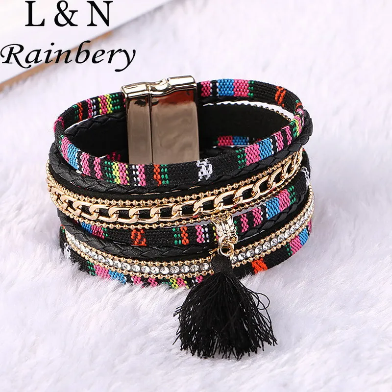 Rainbery Multilayer Leather Bracelets For Women 2016 Crystal Bracelets Tassel magnetic Bracelets & Bangles Bohemian